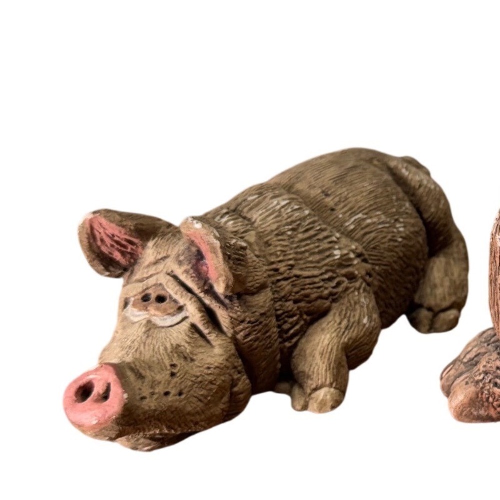 Vintage Textured Brown Pig Figurine Laying Down Farm Animal Decor Pink Snout